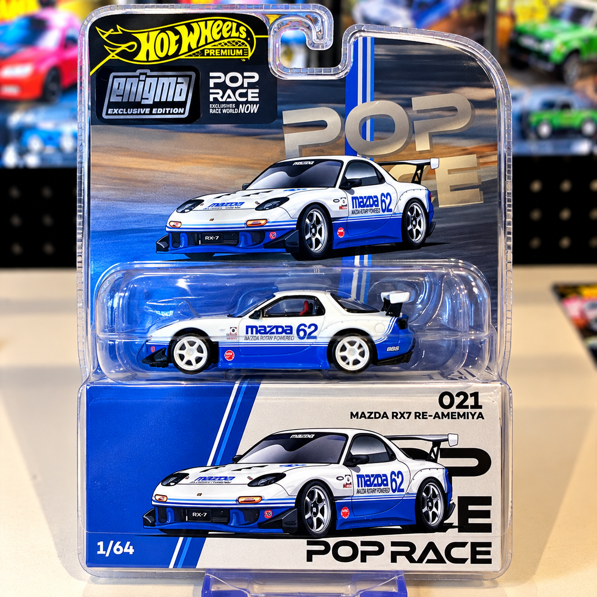 POP RACE Mazda RX-7 RE-Amemiya Enigma Exclusive 021 1/64 White Blue
